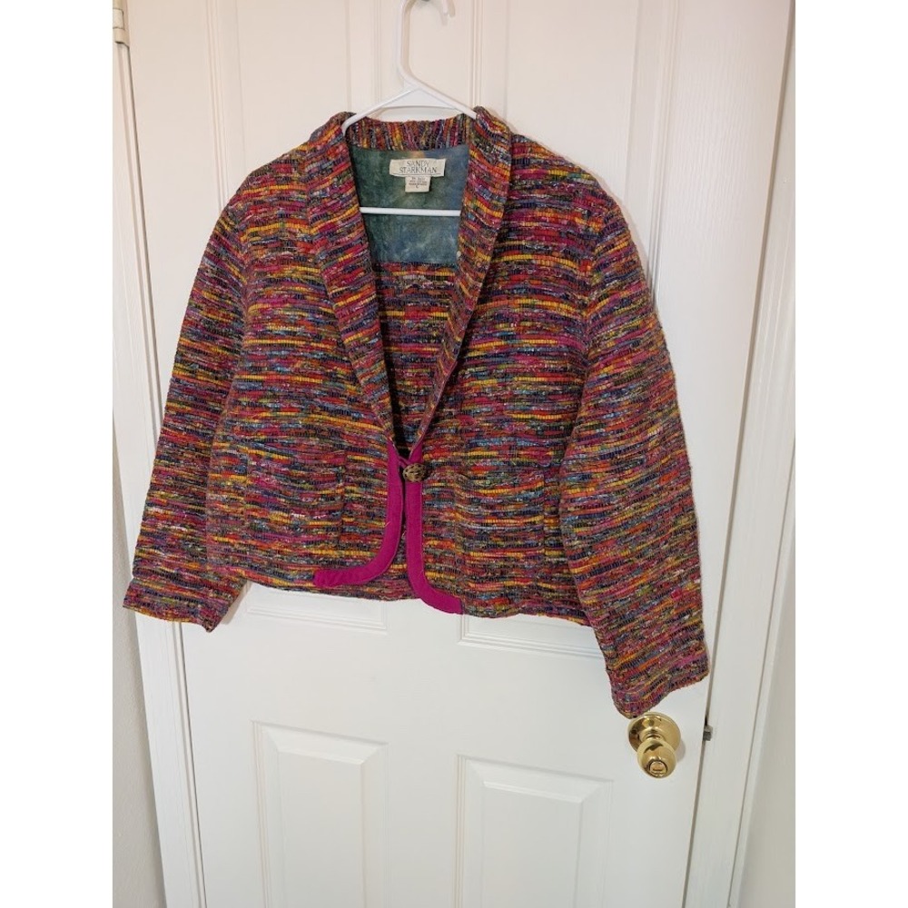 Sandy Starkman Colorful Woven Jacket Pockets Unique Design L Boho 100% Cotton‎